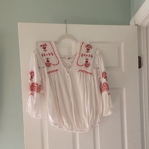 Free People White Blouse with Red Embroidery